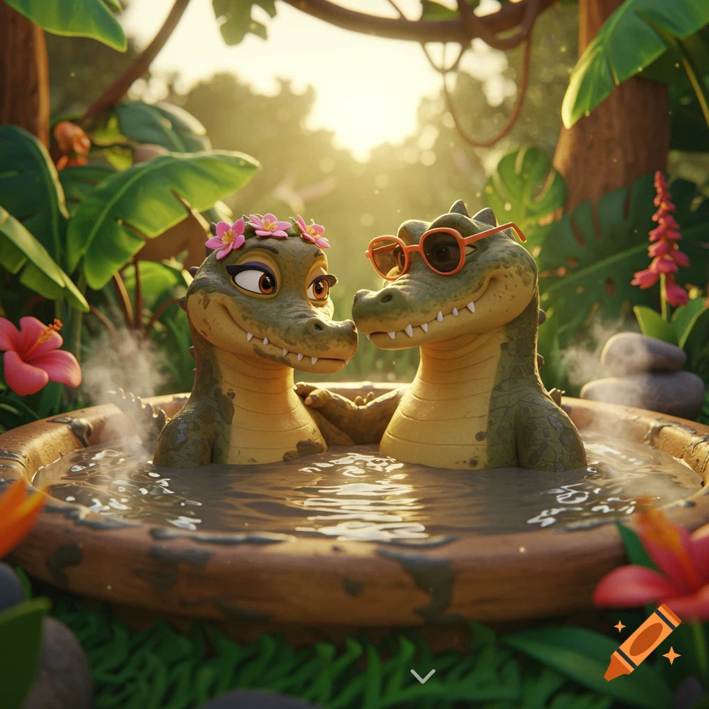 Two anthropomorphic cartoon crocodiles, one with flowers and one with sunglasses, relax in a mud hot tub in a sunny jungle setting.