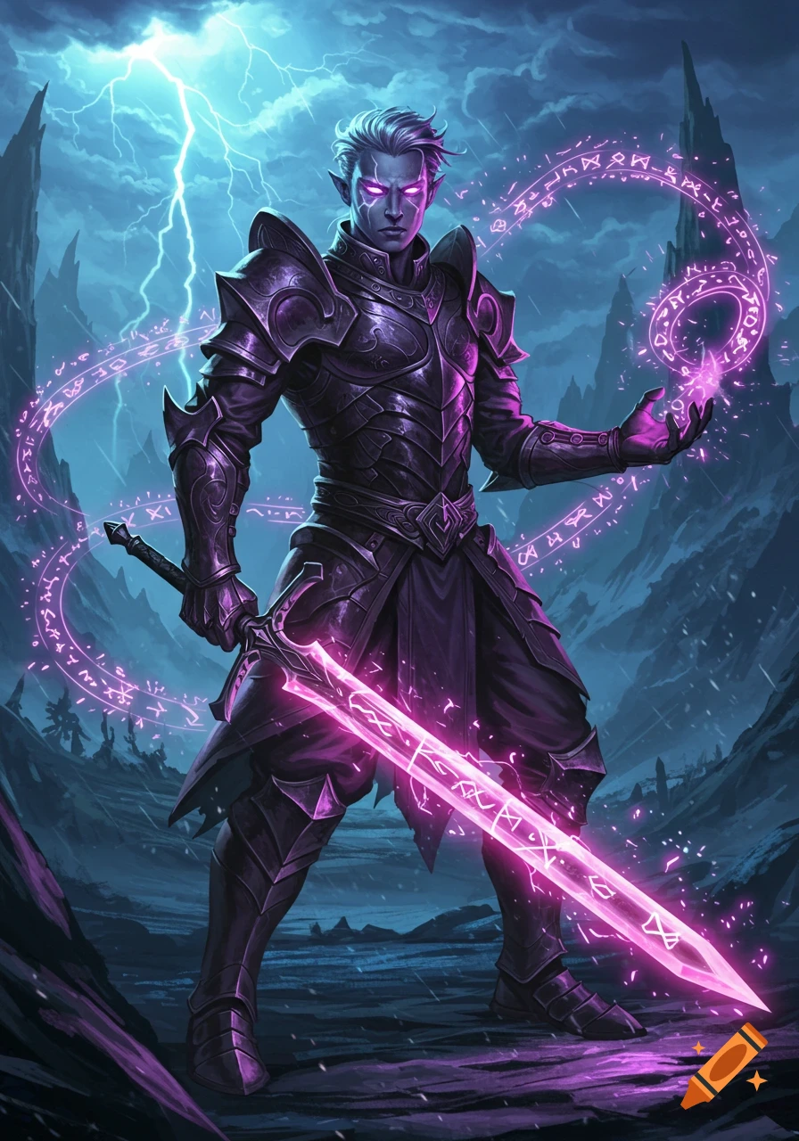 A dark elf warrior in intricate black and purple armor wields a glowing runic sword and casts a spell in a stormy, mountainous landscape.