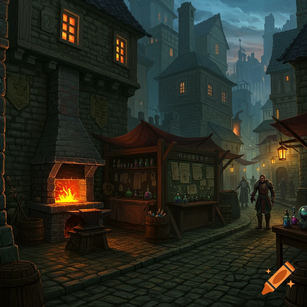 A fantasy town at night with glowing windows, a blacksmith's forge, shops, and a quest-giver on a cobblestone street.