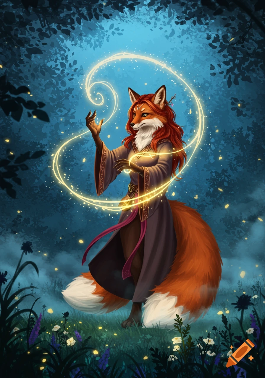 A fox woman with long red hair and a flowing robe casts a magical spell with glowing golden swirls in a dark, enchanted forest.