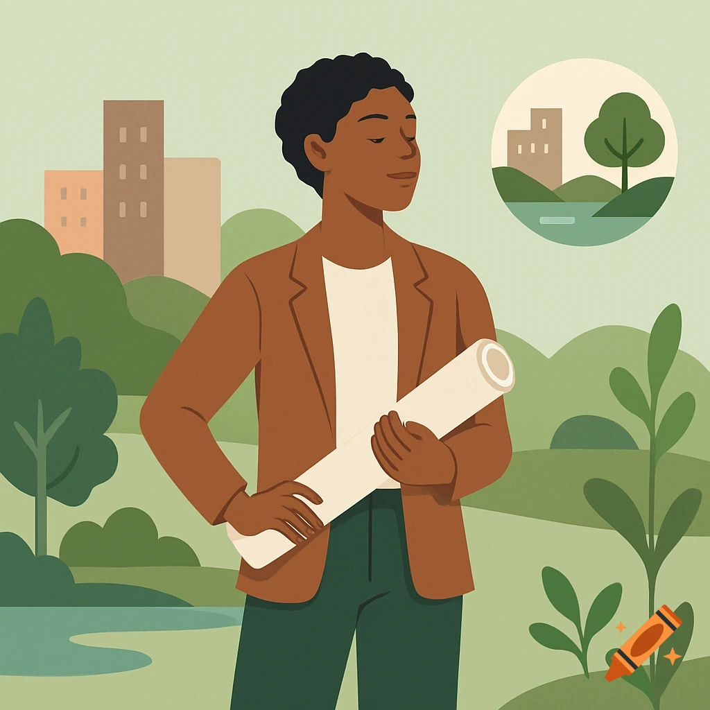 Flat illustration of a landscape architect holding blueprints, contemplating a blend of urban and natural environments.