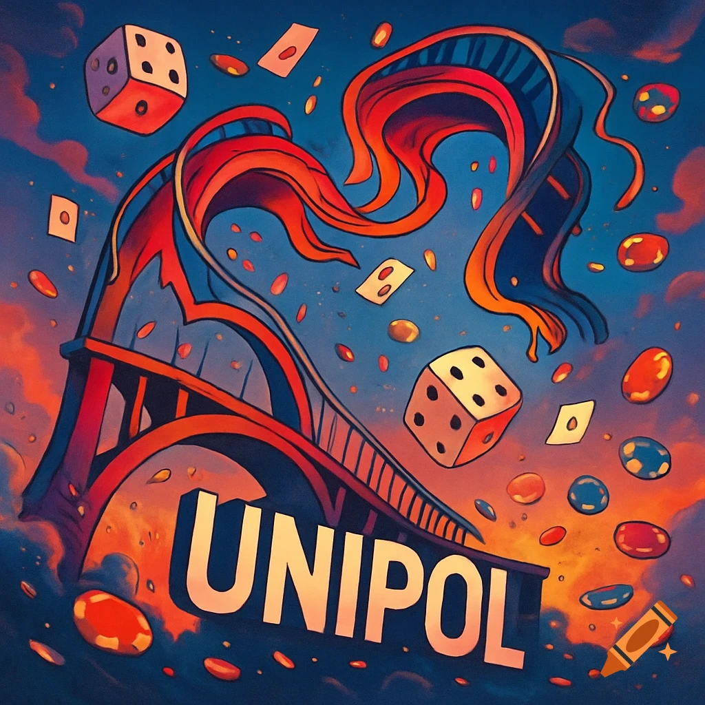 Cartoon illustration of a collapsing bridge, floating dice, cards, and casino chips, with 'UNIPOL' text.