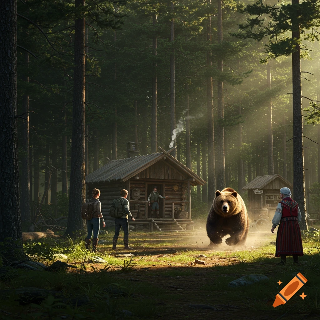 A brown bear runs towards two hikers and an old woman near a wooden cabin in a sunlit forest.