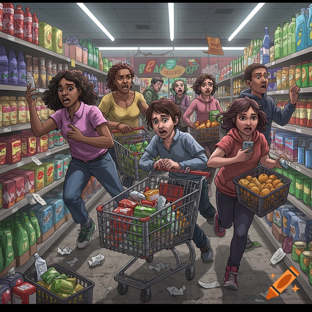 An illustration of frantic shoppers pushing carts and running through a supermarket aisle, looking panicked.