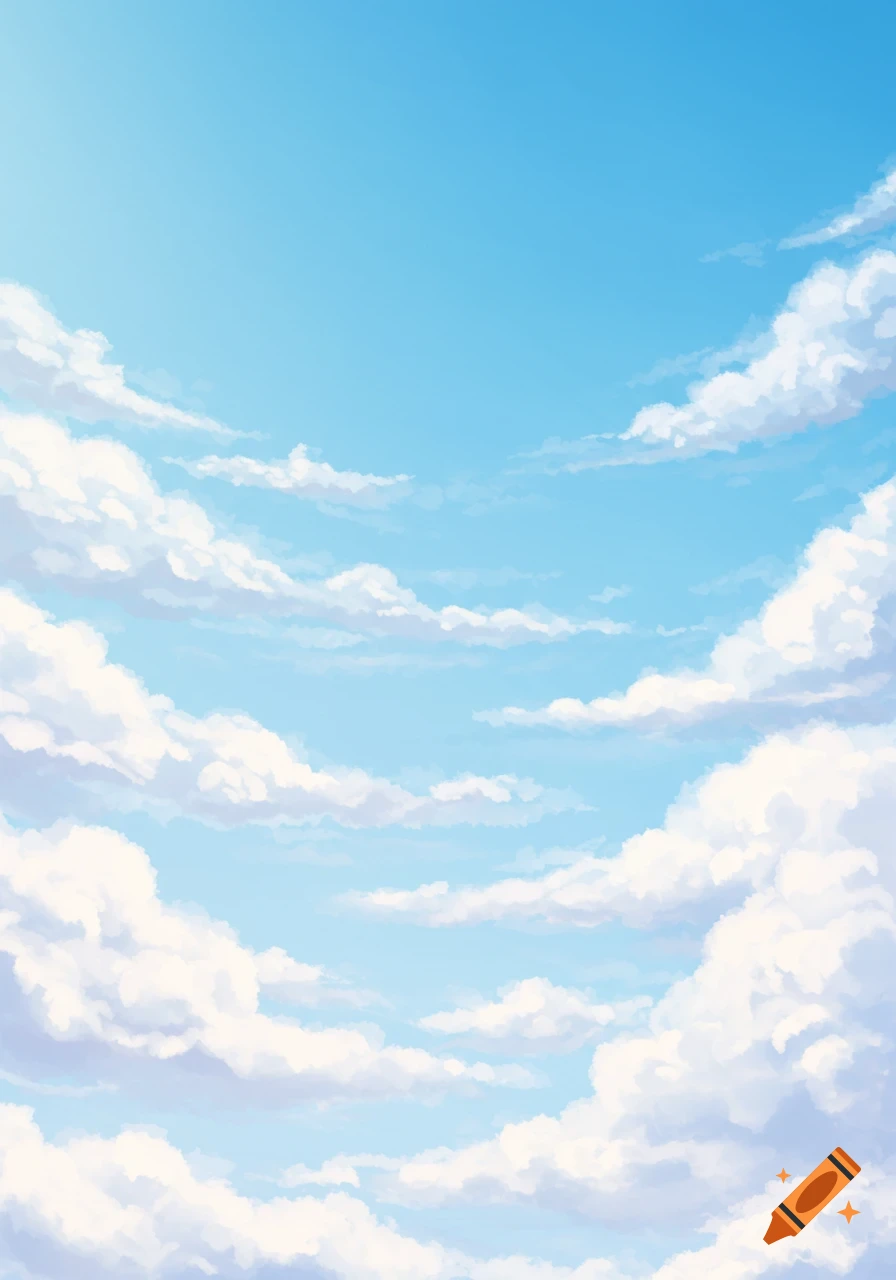 A bright blue sky filled with numerous white, fluffy clouds, in an illustrative style.