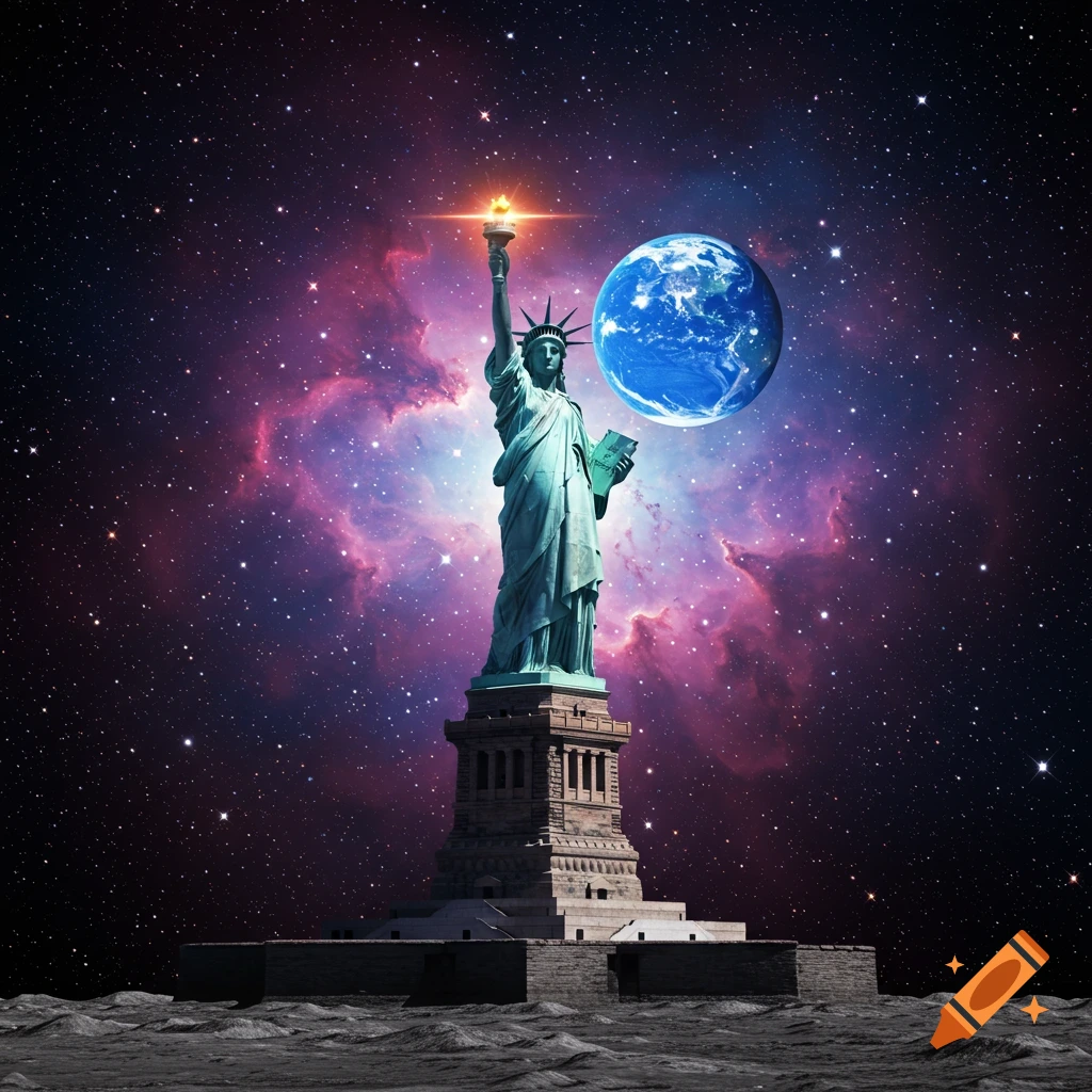 Surreal illustration of the Statue of Liberty standing on the moon, holding a glowing torch towards Earth with a vibrant nebula and stars.