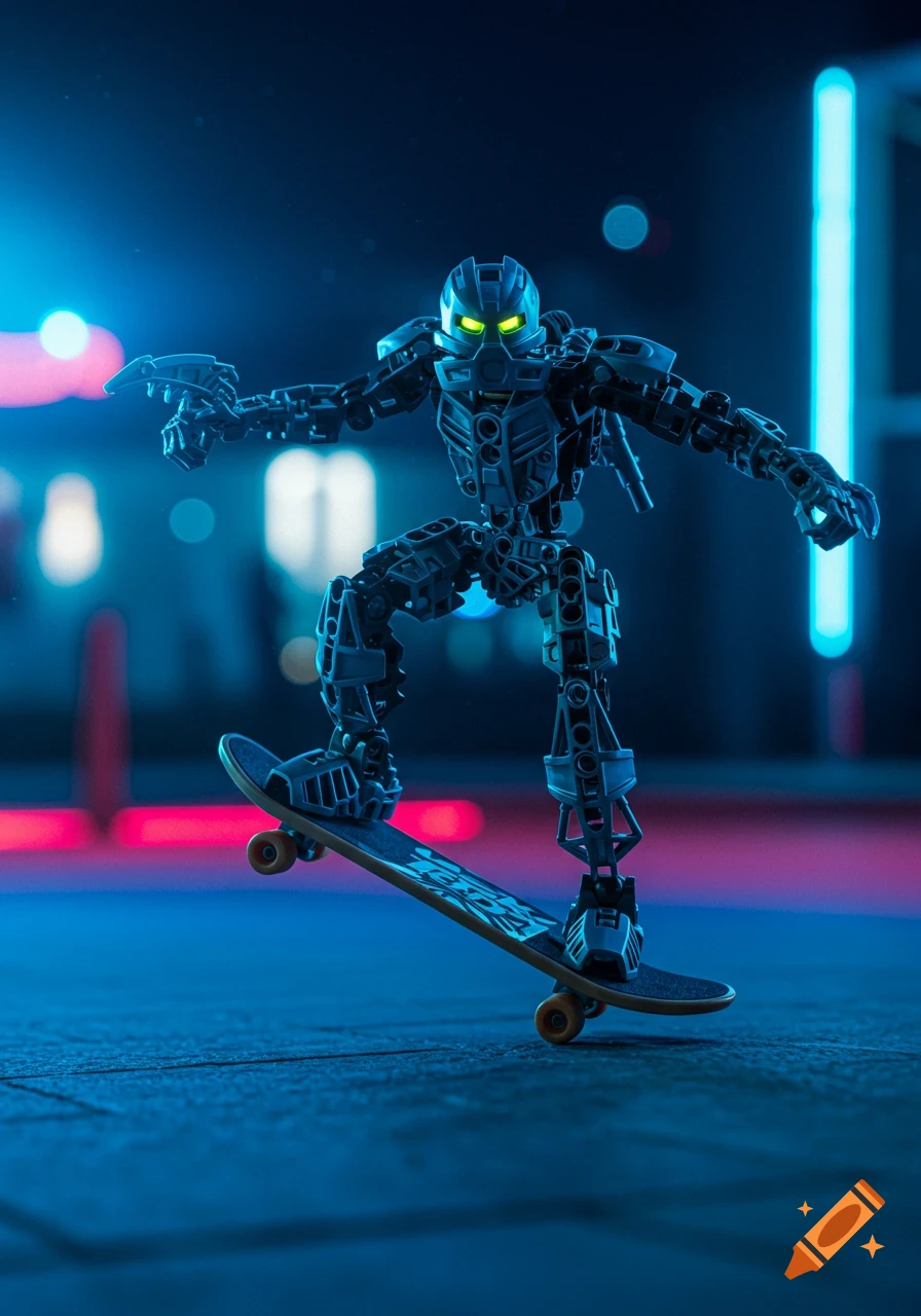 A photorealistic Bionicle-like robot riding a skateboard on a street at night, illuminated by neon blue lights.