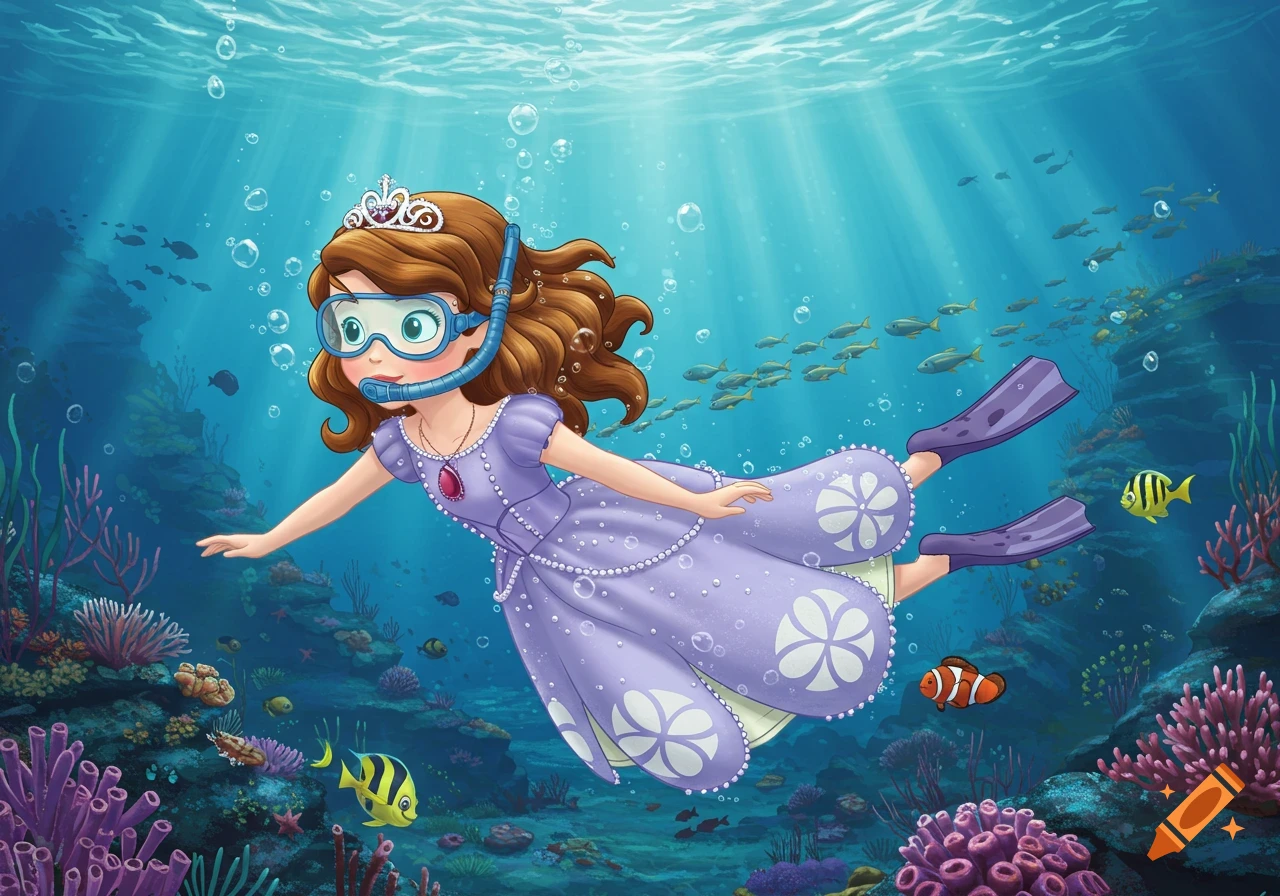 Princess Sofia the First, wearing goggles and a snorkel, swims underwater among colorful coral and tropical fish in a vibrant cartoon style.