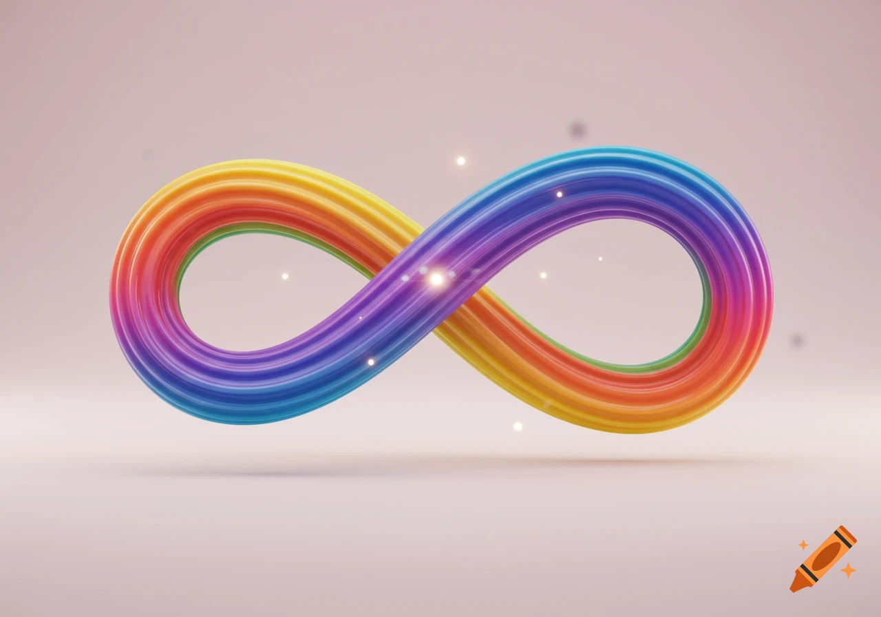 A vibrant rainbow-colored infinity symbol with glossy texture, floating on a soft, light pink background with subtle light particles.