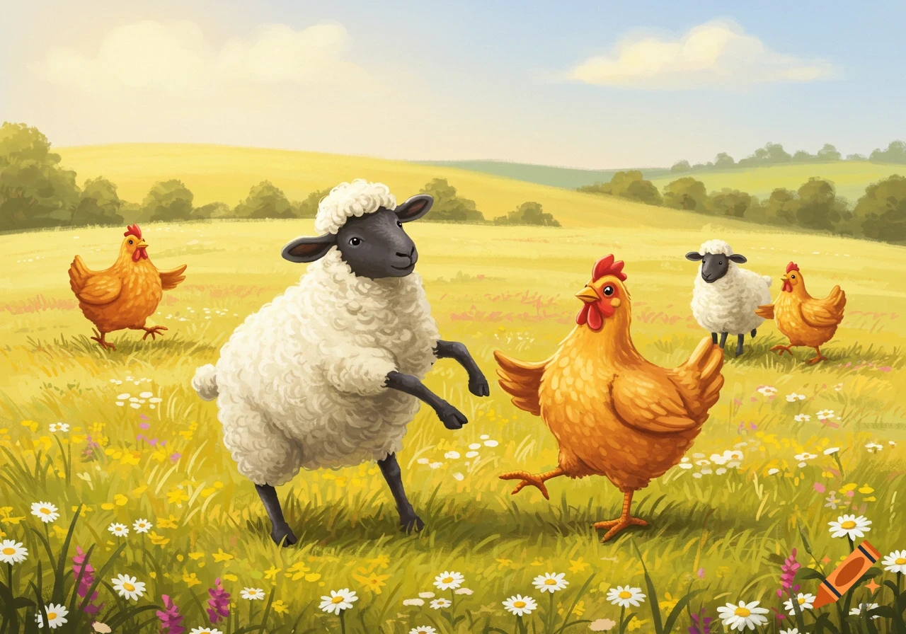 A fluffy sheep on its hind legs dances with a brown chicken in a sunny, wildflower-filled meadow with more sheep and chickens in the background, in an illustrated style.