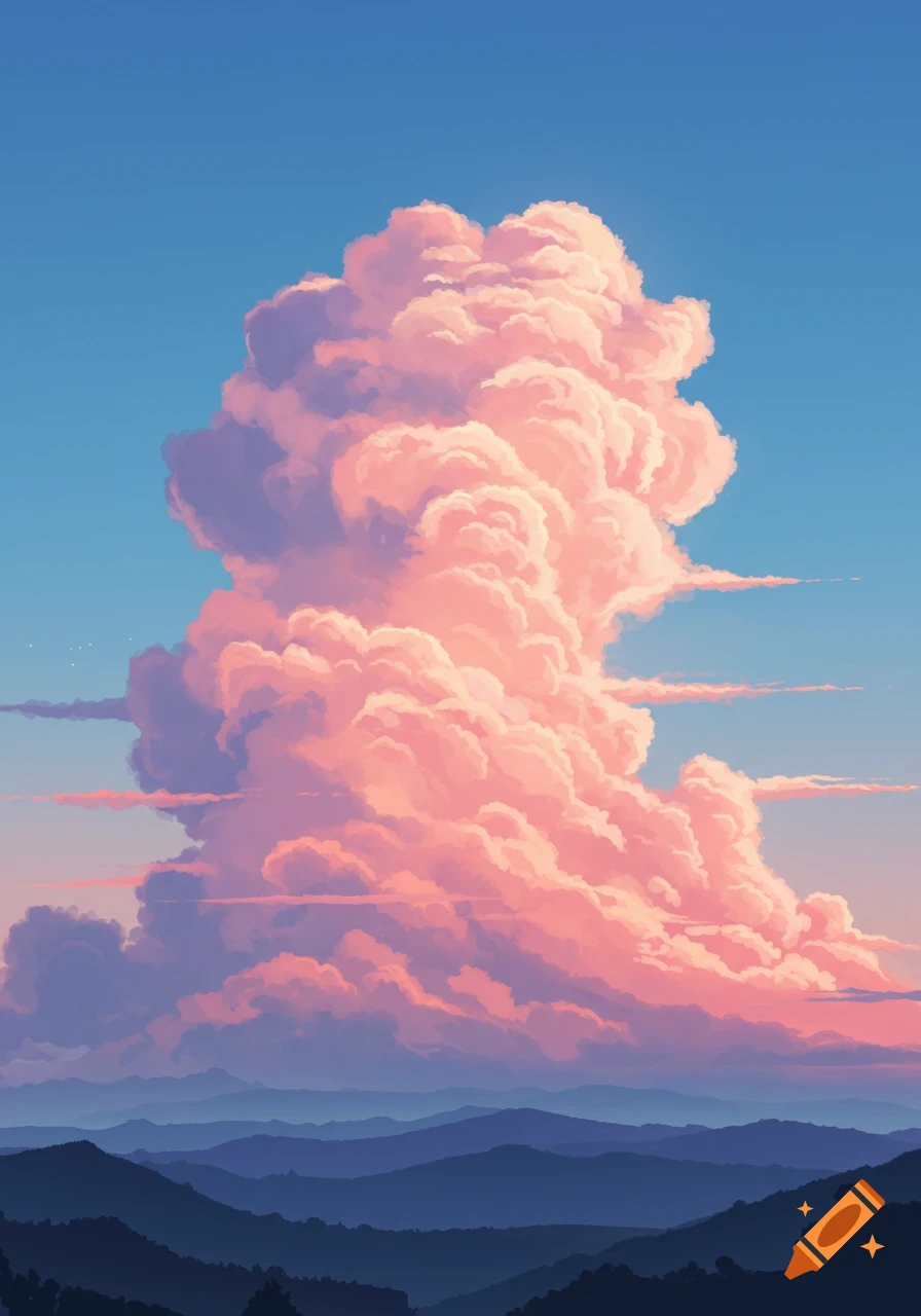 A vibrant illustration of a massive, fluffy pink cloud towering over dark blue mountains under a clear blue sky.