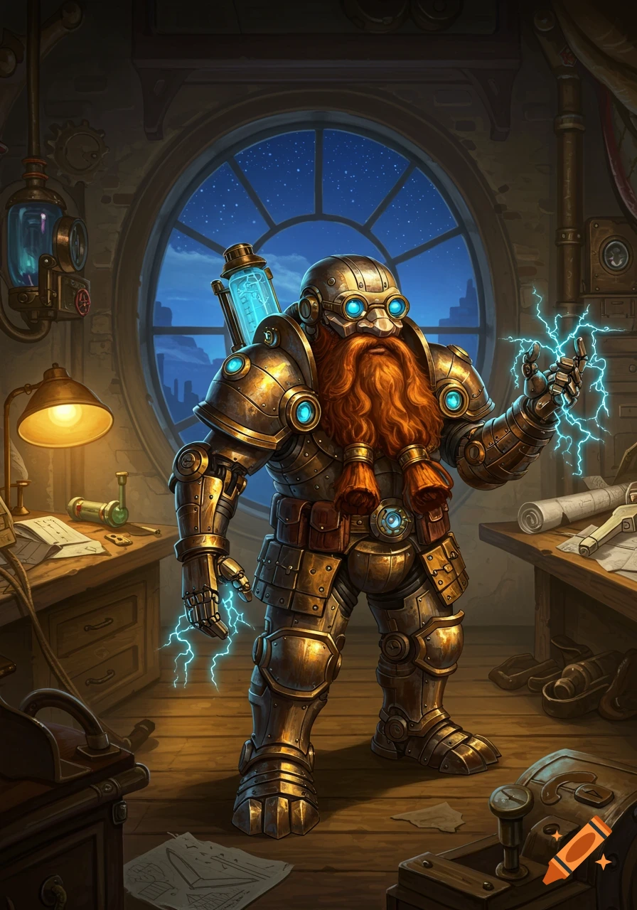 A steampunk dwarf in ornate golden armor with glowing blue accents stands in a workshop, holding crackling blue lightning.