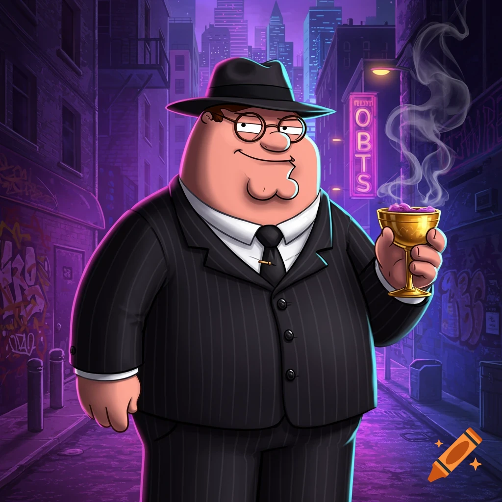Peter Griffin as a gangster in a pinstripe suit and fedora, holding a goblet of purple liquid in a neon-lit city alley.