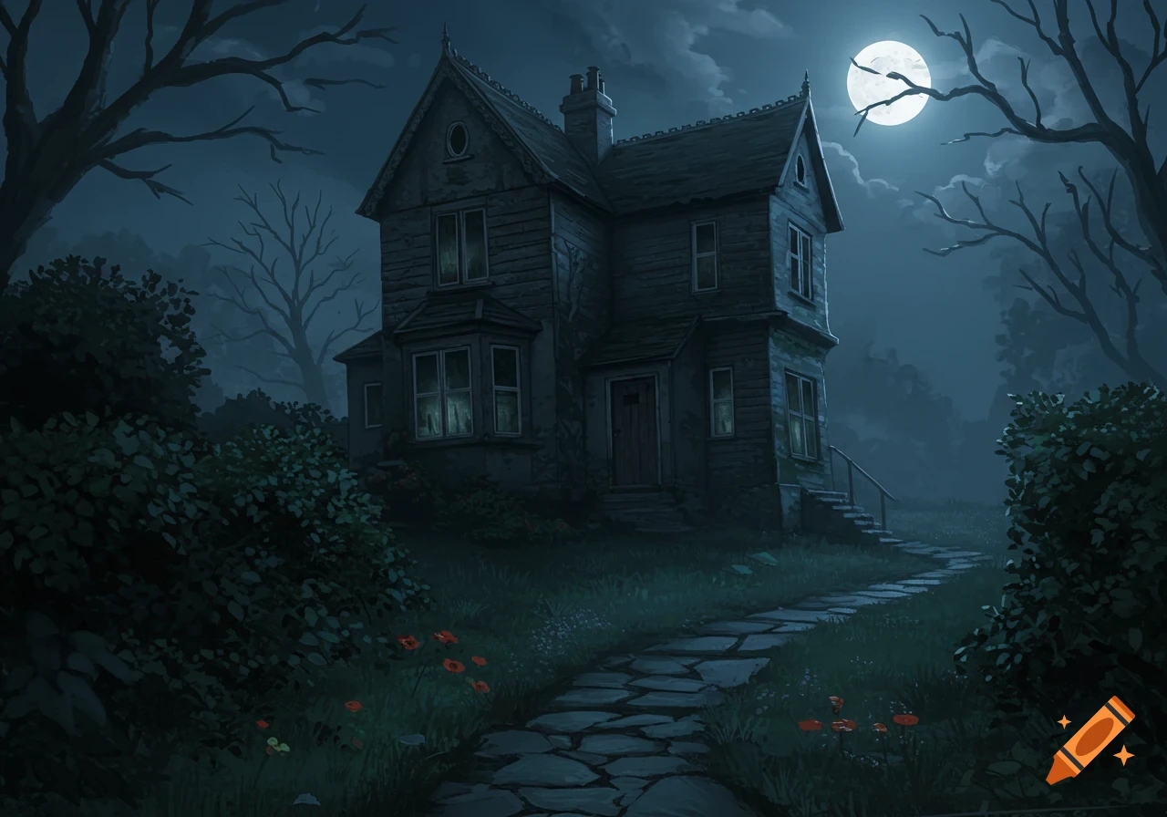 An eerie, old two-story detached house at night, illuminated by a full moon, with an overgrown garden and a stone path.