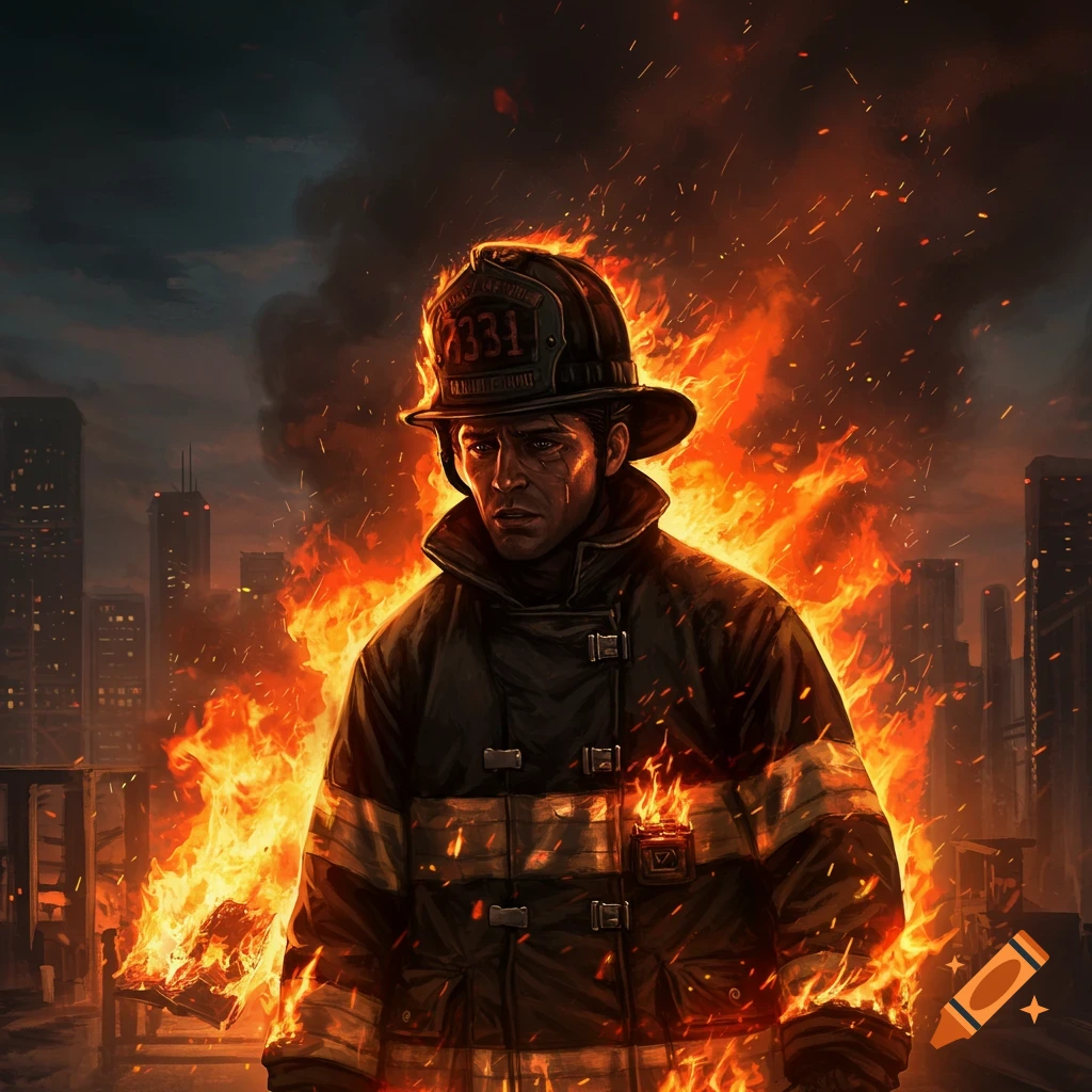 A dramatic digital painting of a firefighter in a helmet, standing in front of a burning city with embers flying.