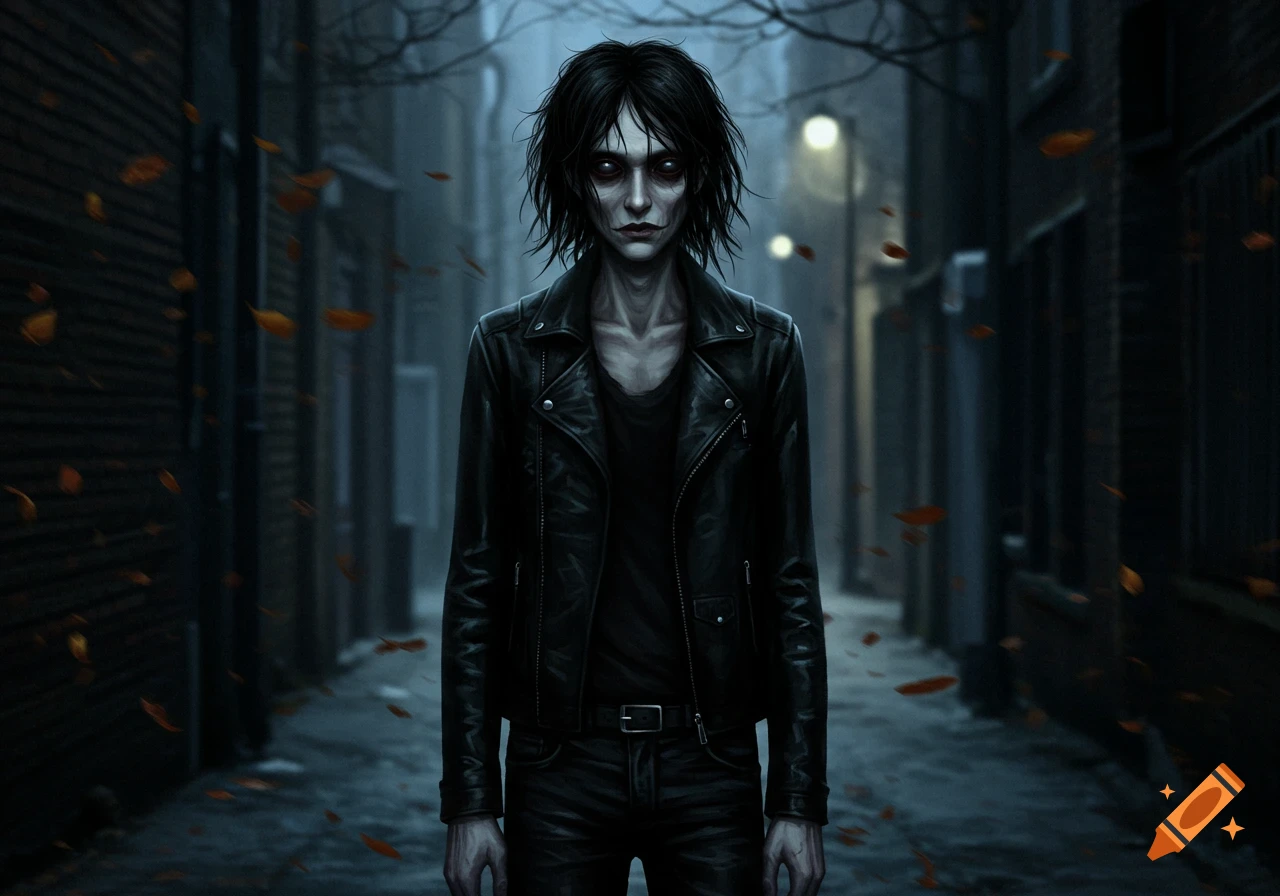 A pale, gaunt figure with dark hair and eyes, wearing a black leather ...