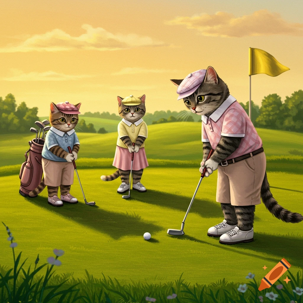 Three anthropomorphic cartoon cats in golfing clothes play golf on a sunny green course with a flag and golf bag.