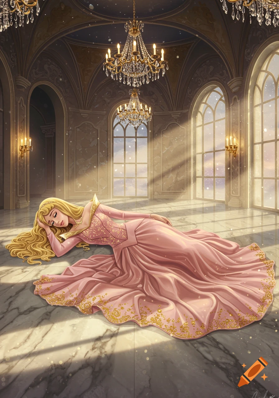 An illustration of Princess Aurora in a pink gown lying on a marble ballroom floor with chandeliers and large windows, bathed in sunlight.