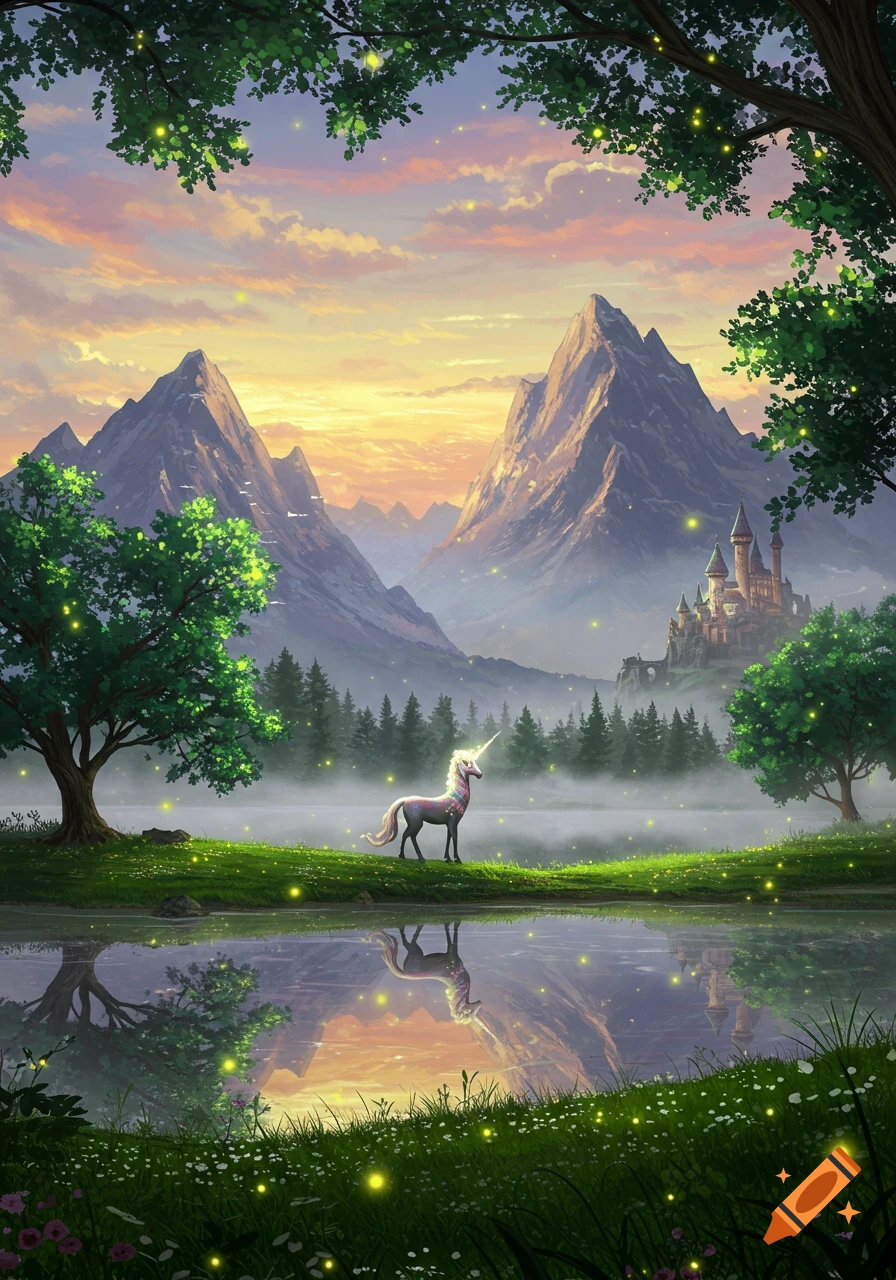 A majestic unicorn stands by a reflective lake in a fantasy landscape with glowing lights, mountains, a castle, and a sunset.