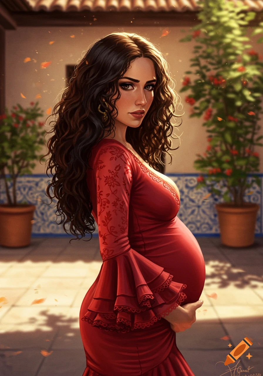 A Spanish woman with long curly dark hair and a red flamenco dress, visibly pregnant, looks at the viewer in a courtyard setting.