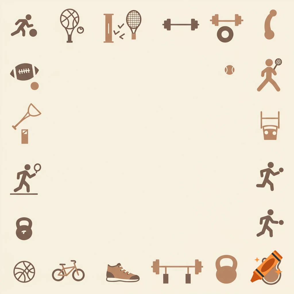 A frame of brown and beige flat vector sports icons including soccer, tennis, weightlifting, cycling, football, and basketball.