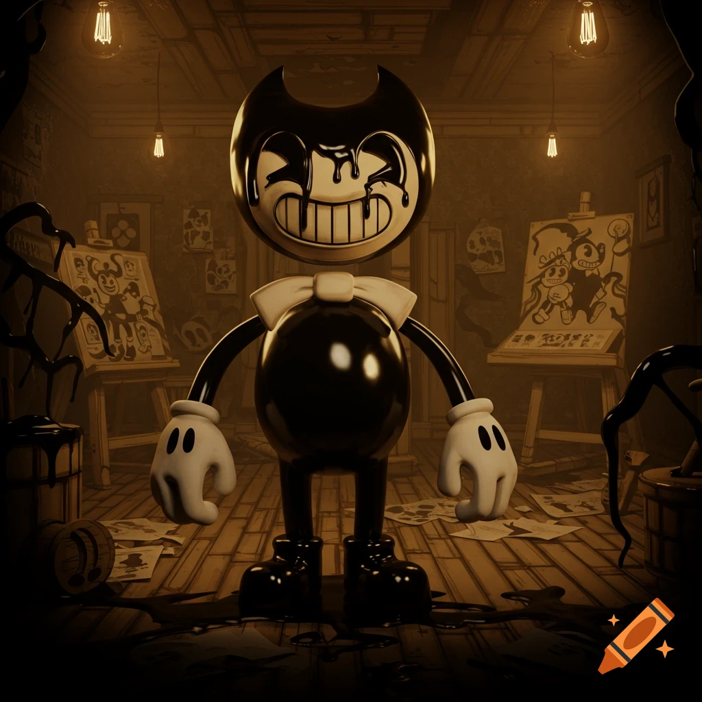 Bendy the Ink Demon stands in a dark, messy art studio, ink dripping from his face and covering the floor.