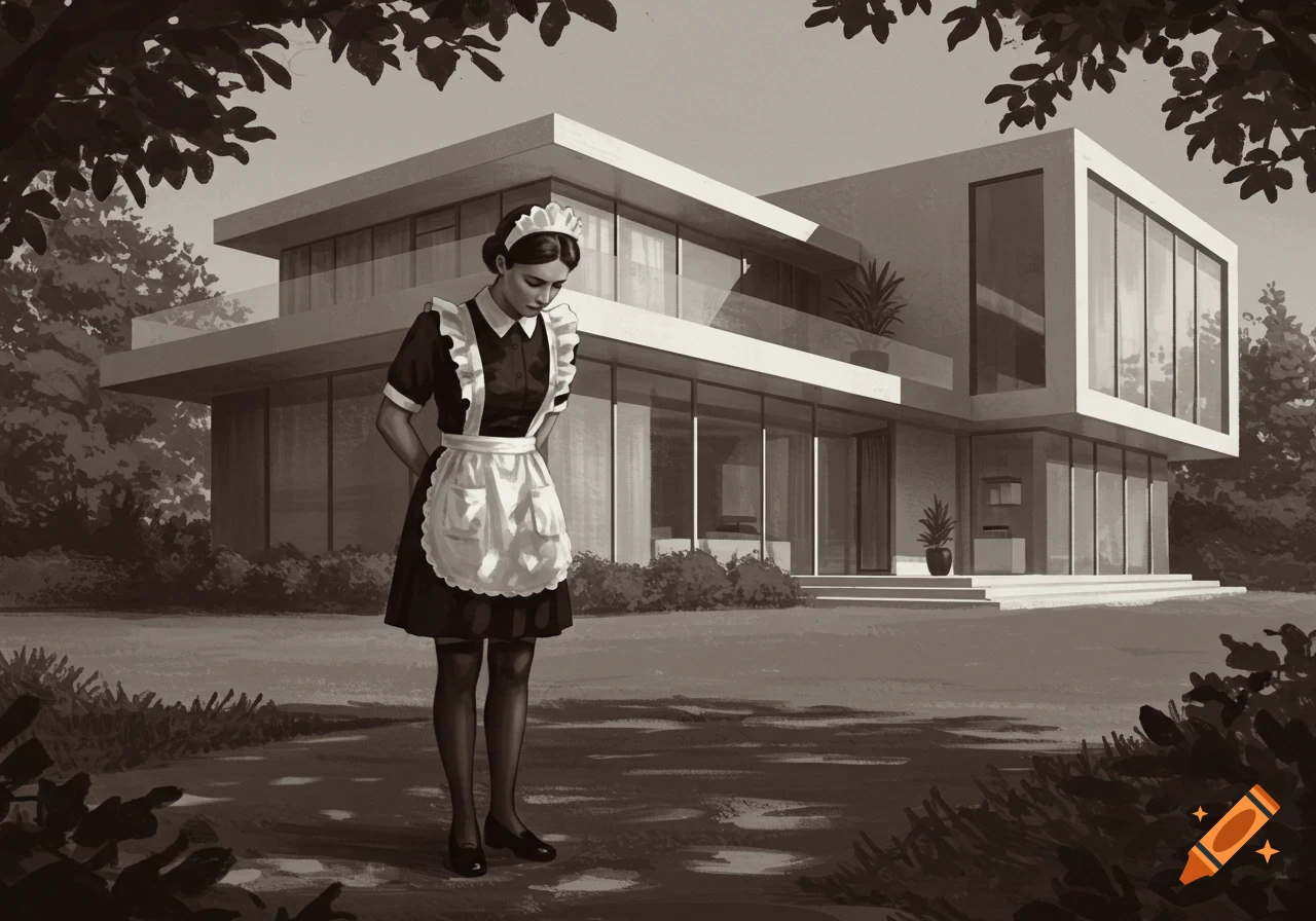 A sepia-toned illustration of a maid in a traditional uniform, head bowed and hands behind her back, standing in front of a modern mansion.