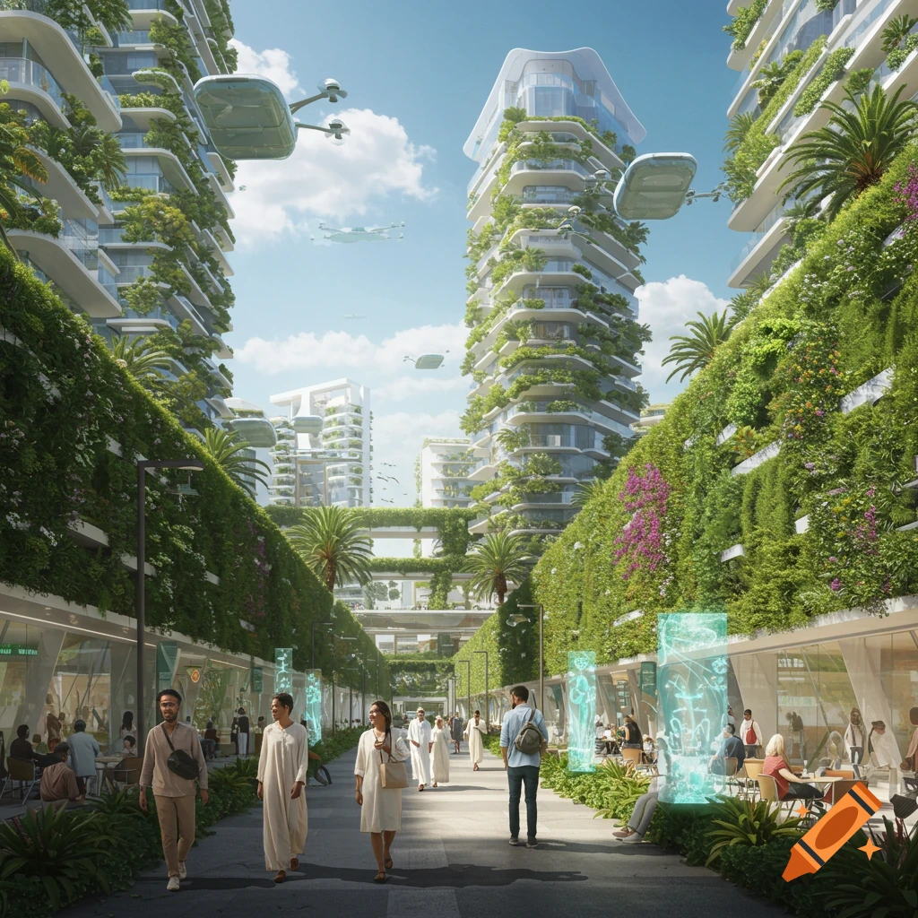 A vibrant futuristic city street lined with lush green buildings, featuring pedestrian areas, outdoor cafes, and flying vehicles in a clear sky.