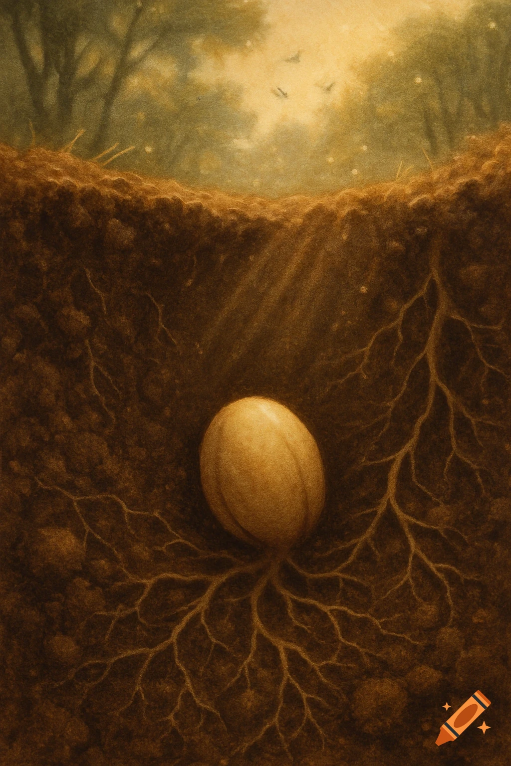A painterly illustration of a seed in dark soil with roots, illuminated by light from the forest above.