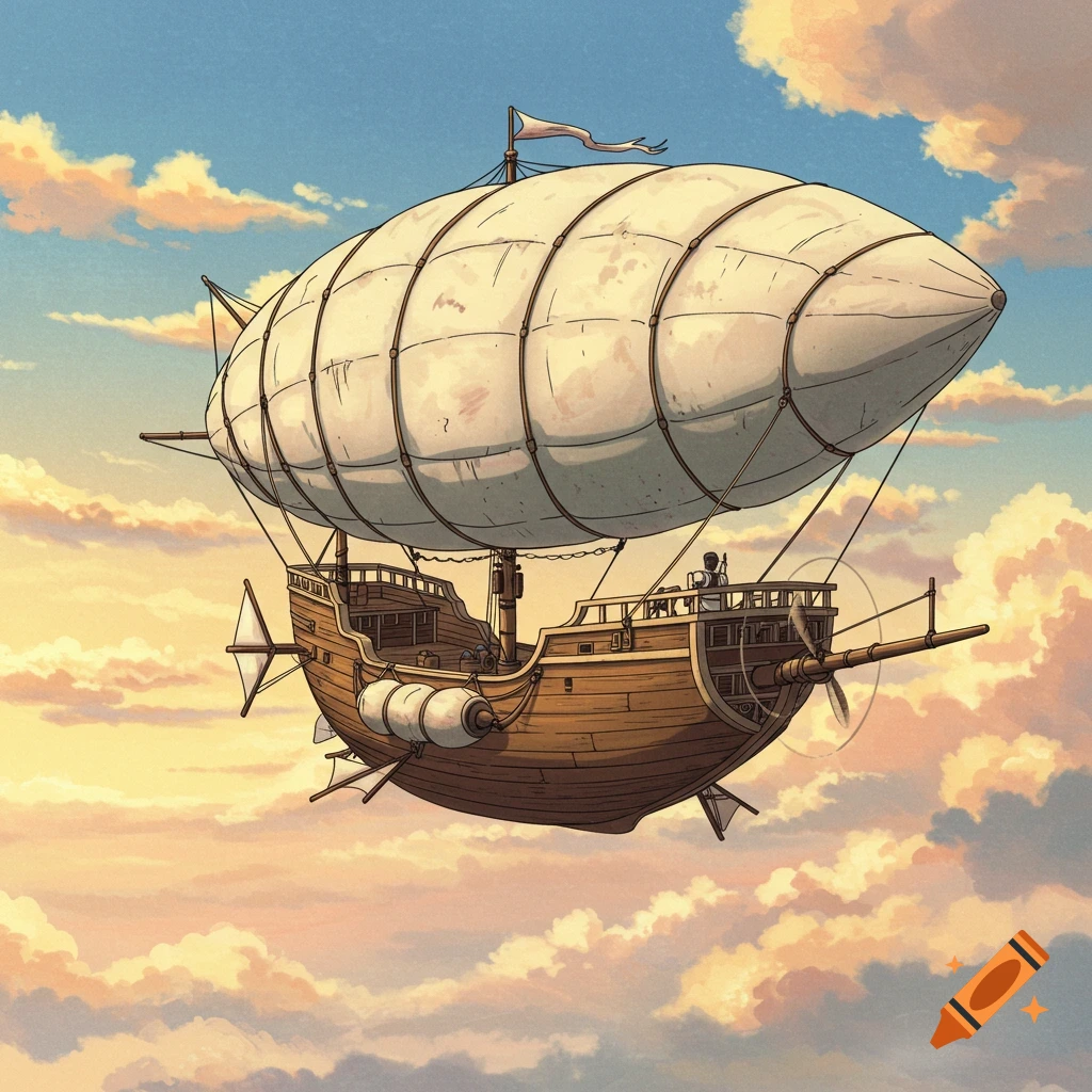 An anime-style wooden airship with a dirty white fabric balloon flies through a cloudy sky at sunset, in an oil painting style.