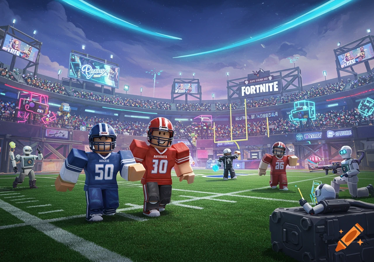 Roblox-style characters playing football in a stadium, featuring two players in the foreground and a large screen displaying 'FORTNITE'.