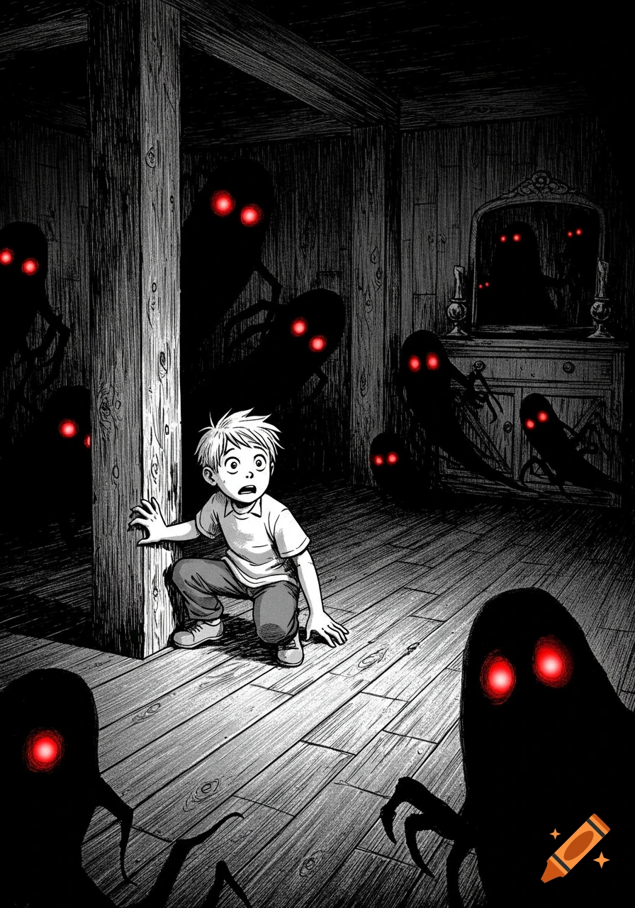 A scared boy crouches in a dark room surrounded by shadowy, red-eyed ghosts, manga style.