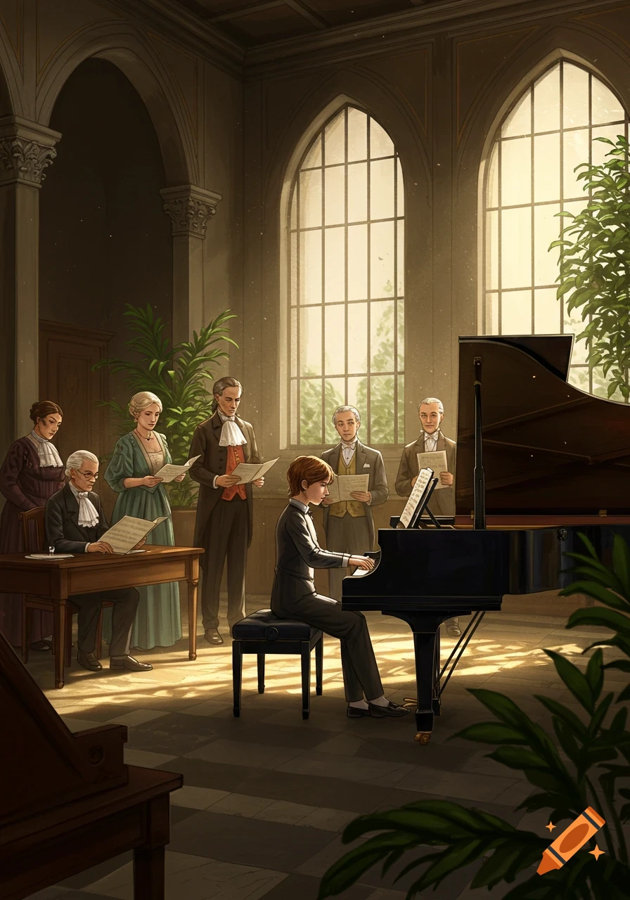 A young boy plays a grand piano for several adults in historical attire during a music examination in a stately room with large arched windows.