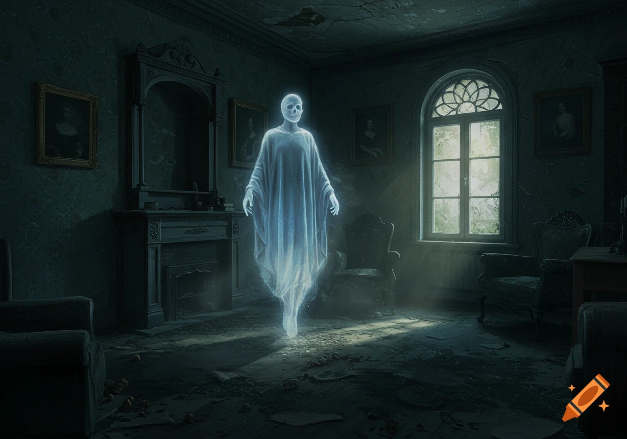 A glowing, ethereal ghost with a skull-like face hovers in a dilapidated, dark room with broken furniture and arched windows.