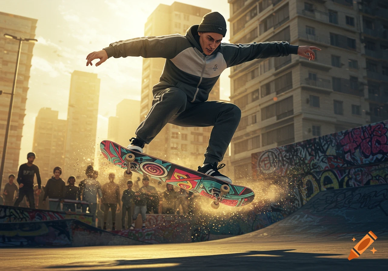 A male skateboarder in a beanie and tracksuit performs an aerial trick on his colorful board in a sunny urban skatepark, with buildings and spectators in the background.