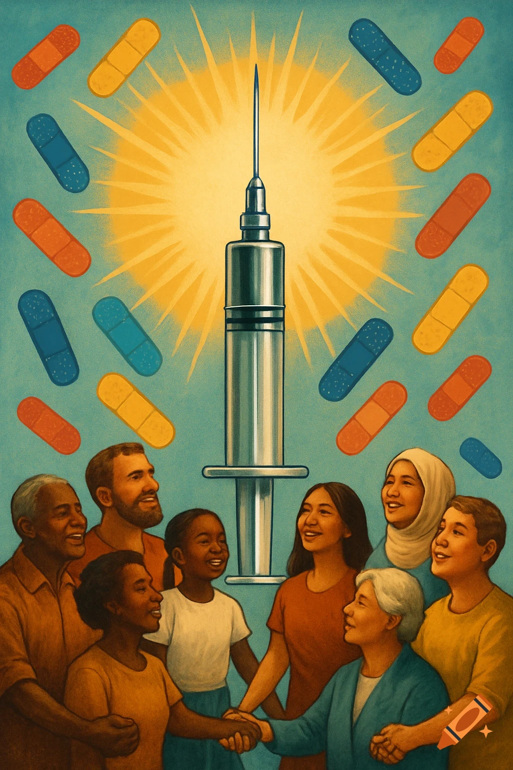 Illustrative poster showing a diverse group of smiling people beneath a giant syringe and sun, surrounded by colorful band-aids.
