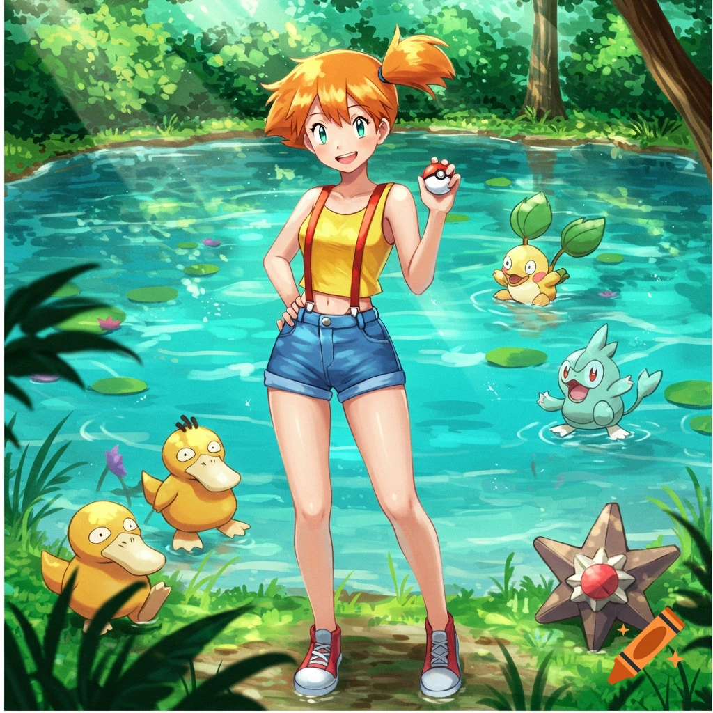 Anime girl Misty with orange hair and shorts stands by a pond holding a ...