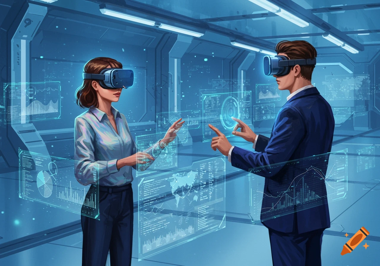 A man and a woman wearing VR headsets interact with glowing holographic data screens in a futuristic blue room, digital art.