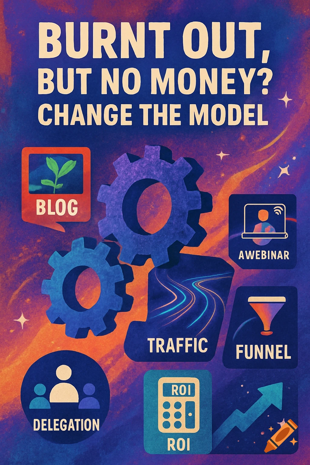 An infographic with the title "BURNT OUT, BUT NO MONEY? CHANGE THE MODEL." It features icons and labels for business concepts like 'BLOG', 'AWEBINAR', 'TRAFFIC', 'FUNNEL', 'DELEGATION', and 'ROI', all set against a textured blue and orange background with stars.