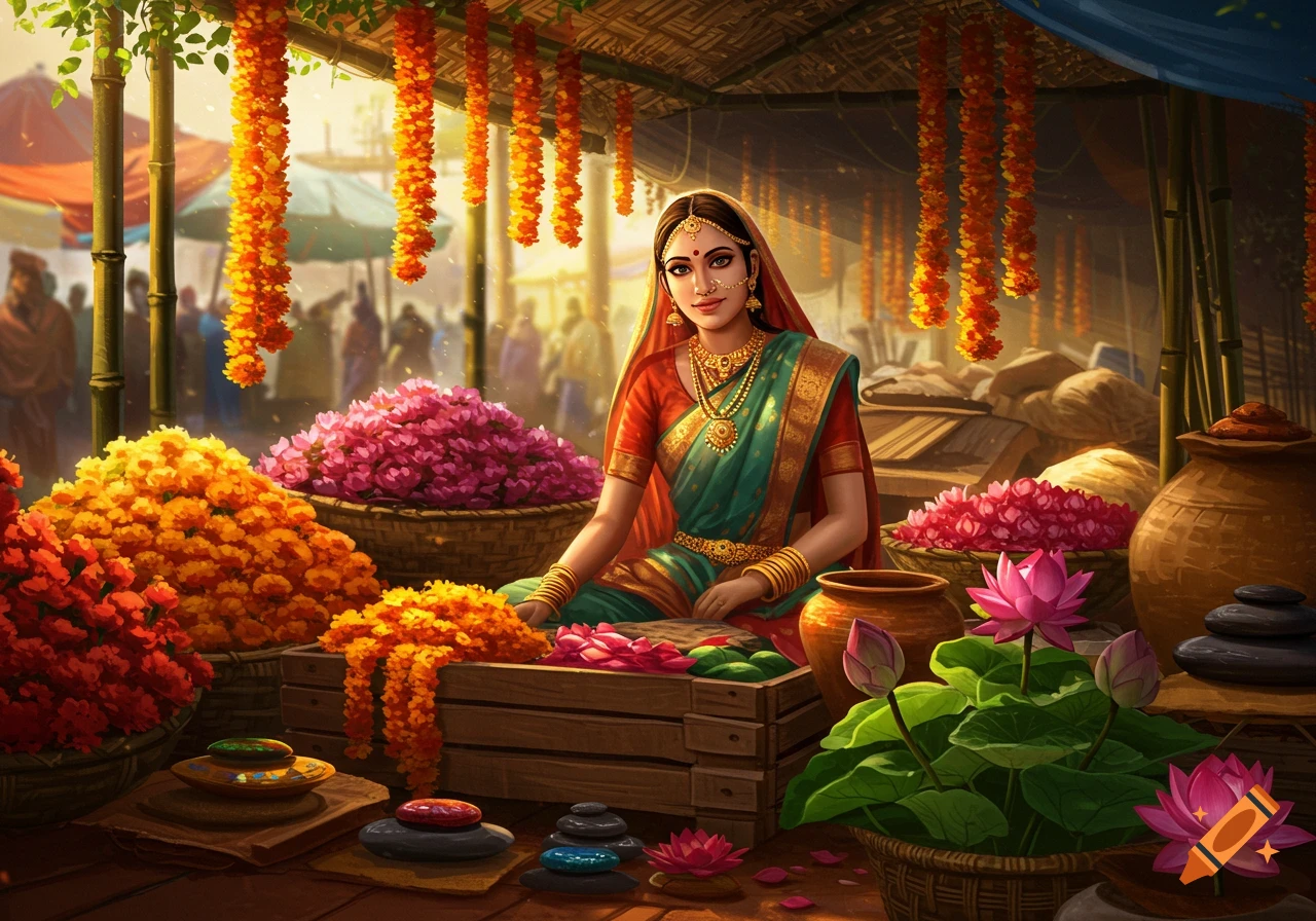 A vibrant illustration of an Indian woman in traditional attire selling flowers at a market stall with garlands and lotus flowers.