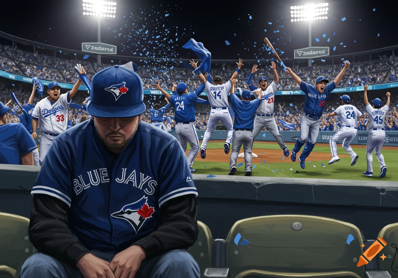 A sad Toronto Blue Jays fan sits in the foreground, looking down. In the background, Dodgers players celebrate on a baseball field with blue confetti, under stadium lights.