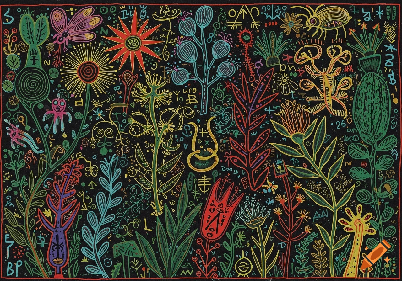 A colorful, vibrant Brut style Outsider Art lithograph featuring fantastic plants, insects, animals, and mystical symbols on a black background.