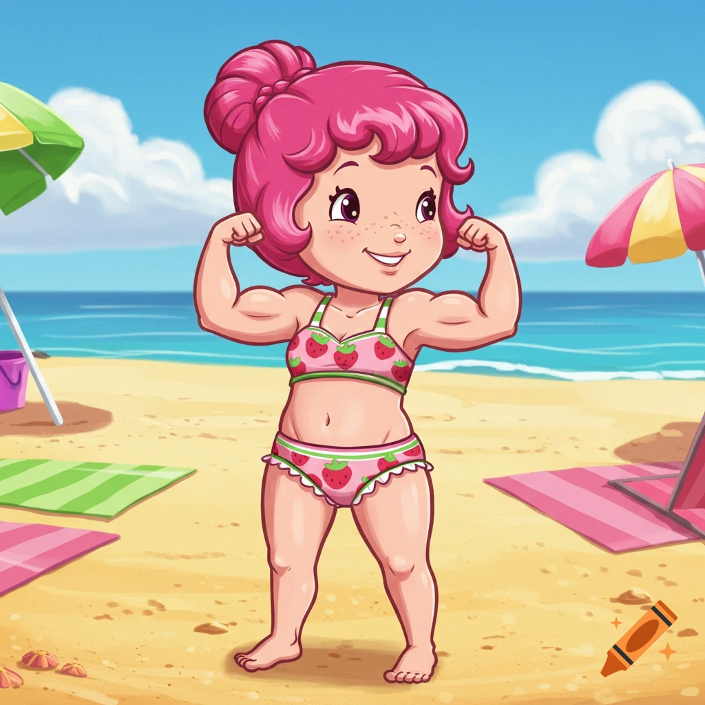 Cartoon Strawberry Shortcake in a bikini, flexing her bicep muscles on a sunny beach.