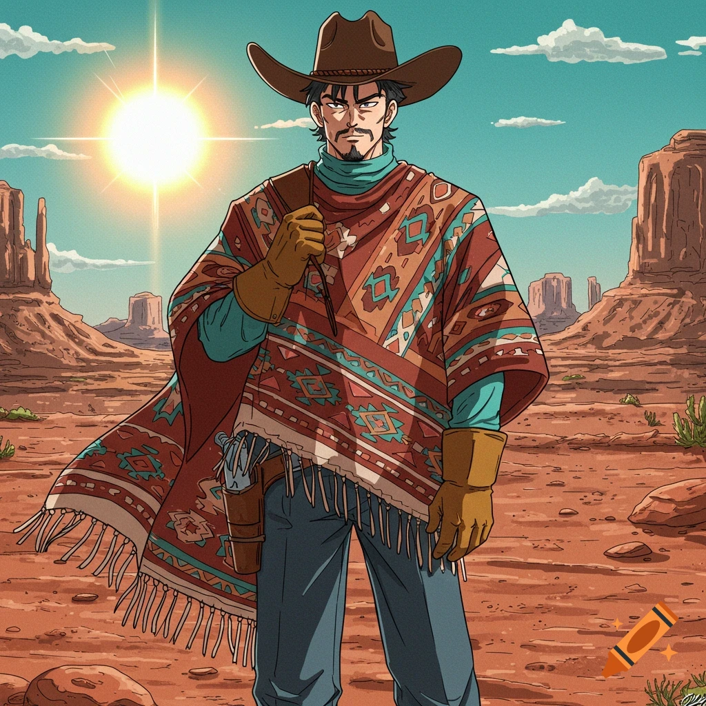 Anime-style cowboy in a poncho and hat, standing in a sunny desert landscape with mesas.