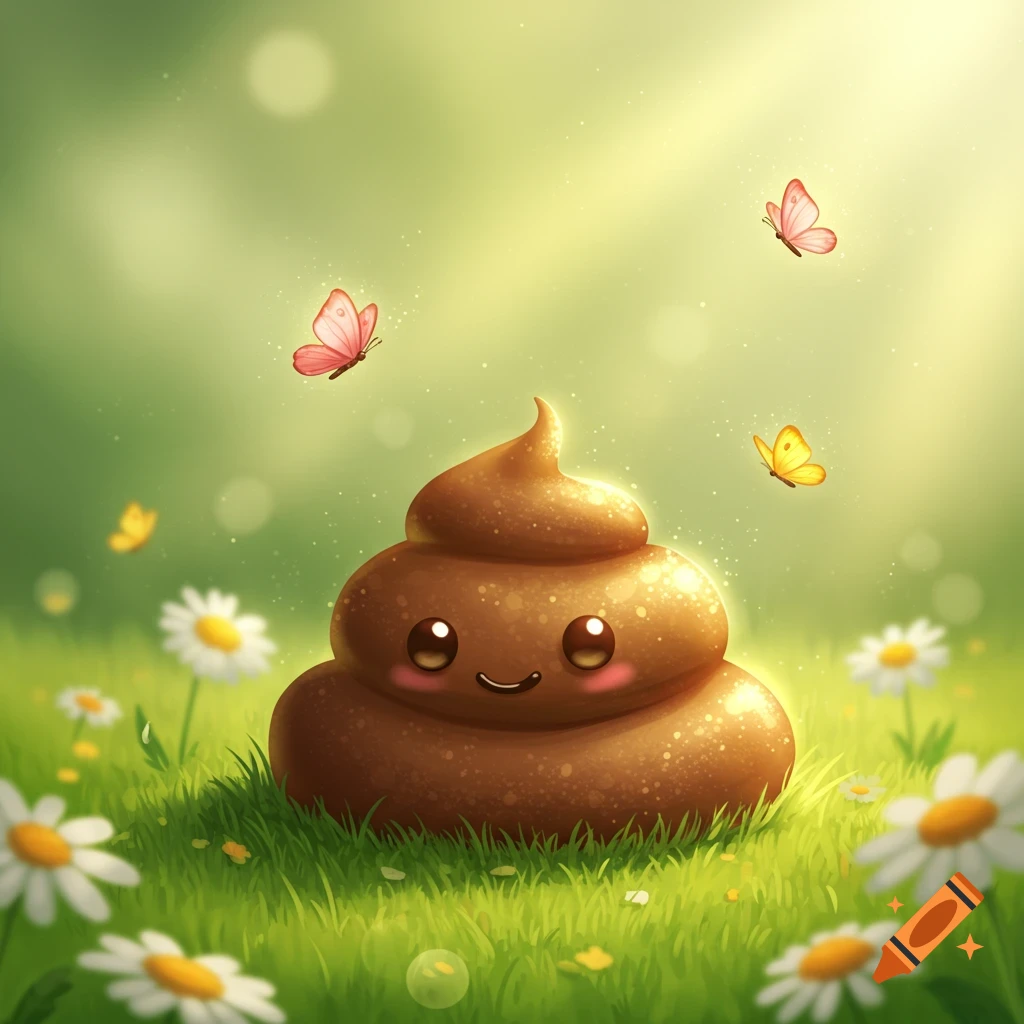 A cute, smiling cartoon poop character sits in a green grassy field surrounded by white daisies and pink and yellow butterflies.