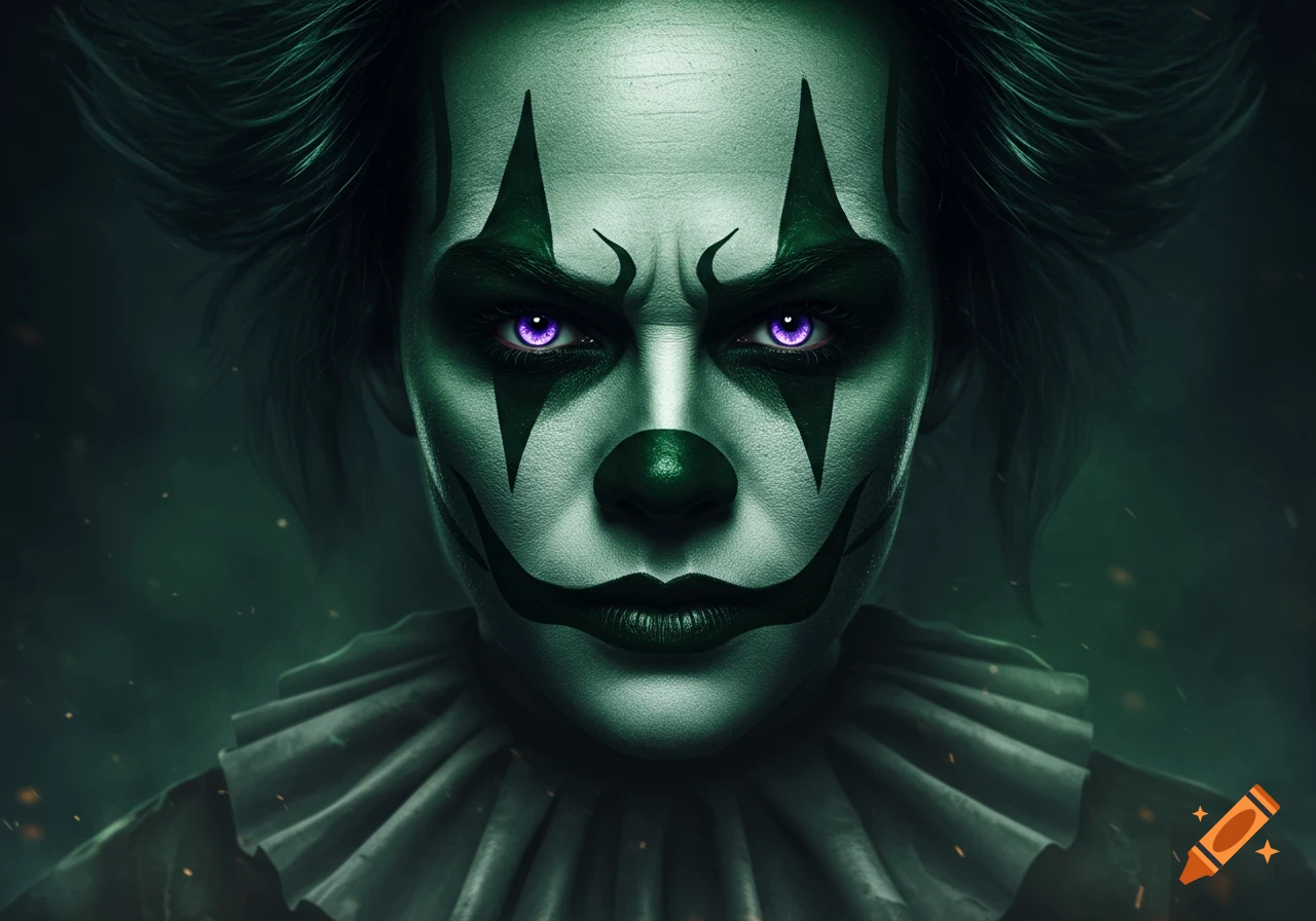 A close-up portrait of a creepy clown with green and white face paint, dark green hair, glowing purple eyes, and a ruffled collar, set against a dark, ominous background.