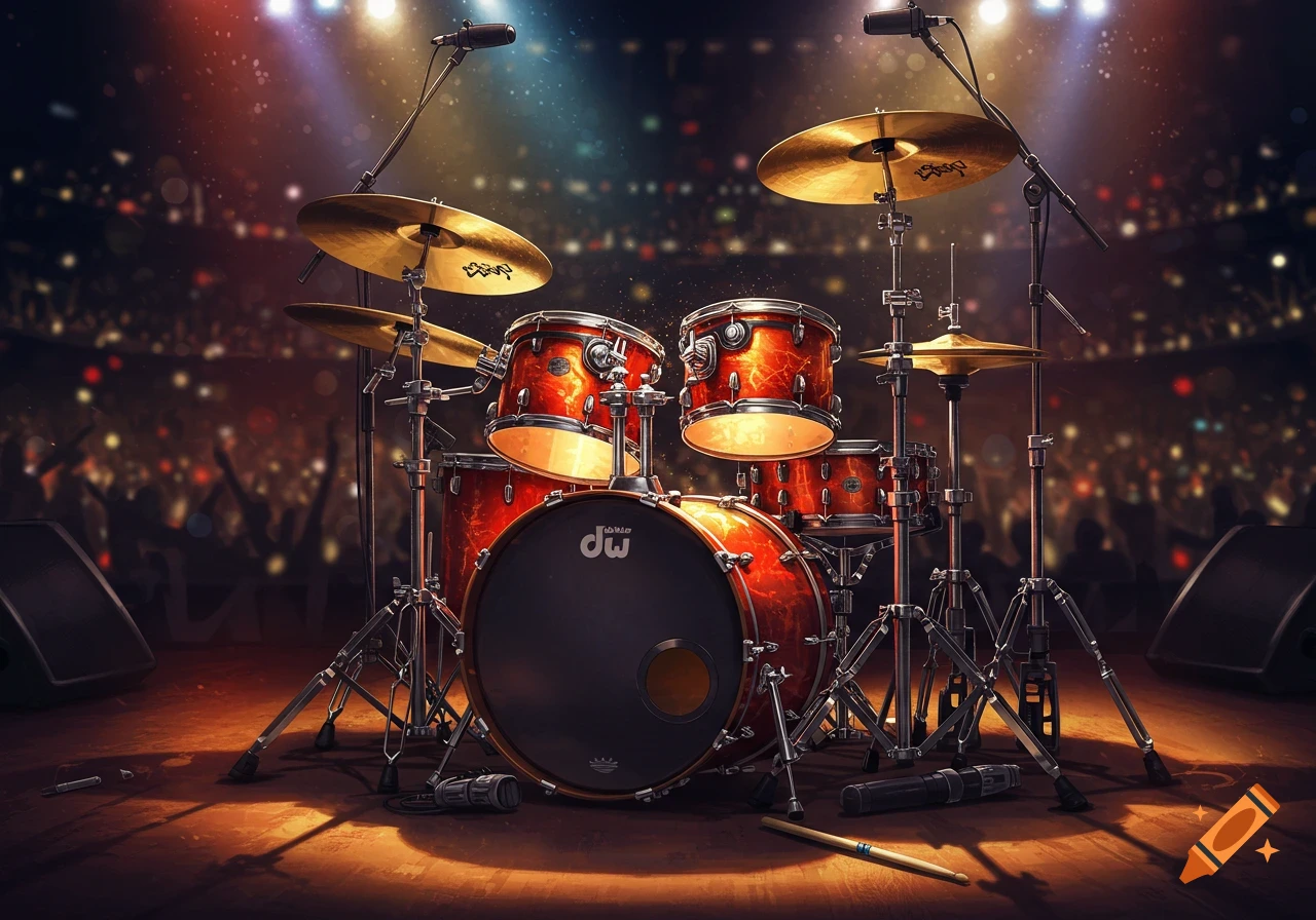 A detailed, photorealistic image of a red and black drum set on a dimly lit stage, with a blurred audience in the background.