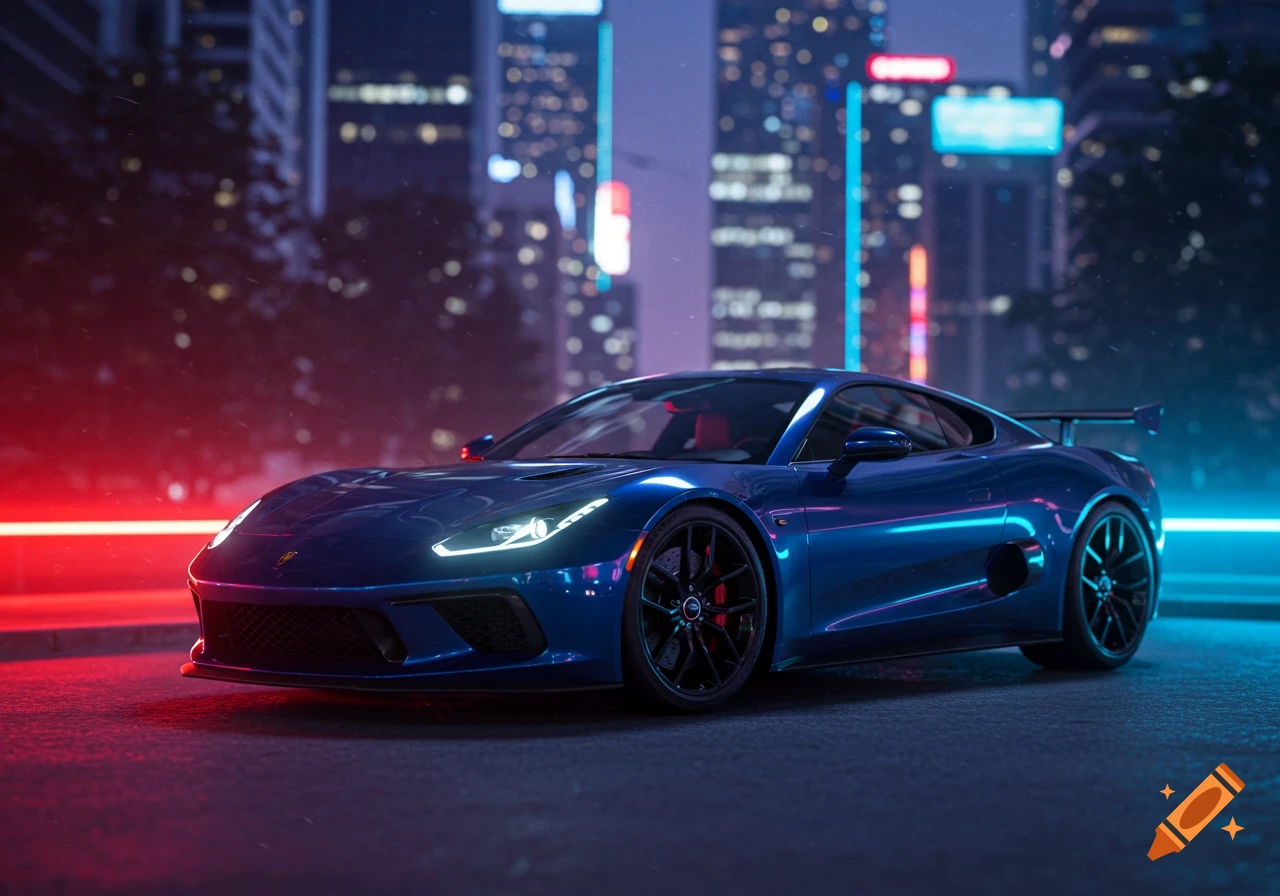 A sleek blue sports car parked on a dark street at night, illuminated by vibrant neon red and blue city lights.