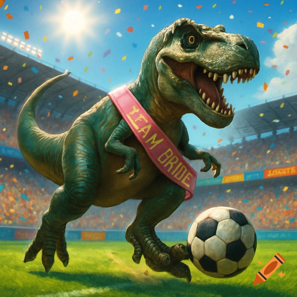 A T-Rex dinosaur wearing a 'Team Bride' sash plays soccer in a stadium with confetti under a sunny sky.