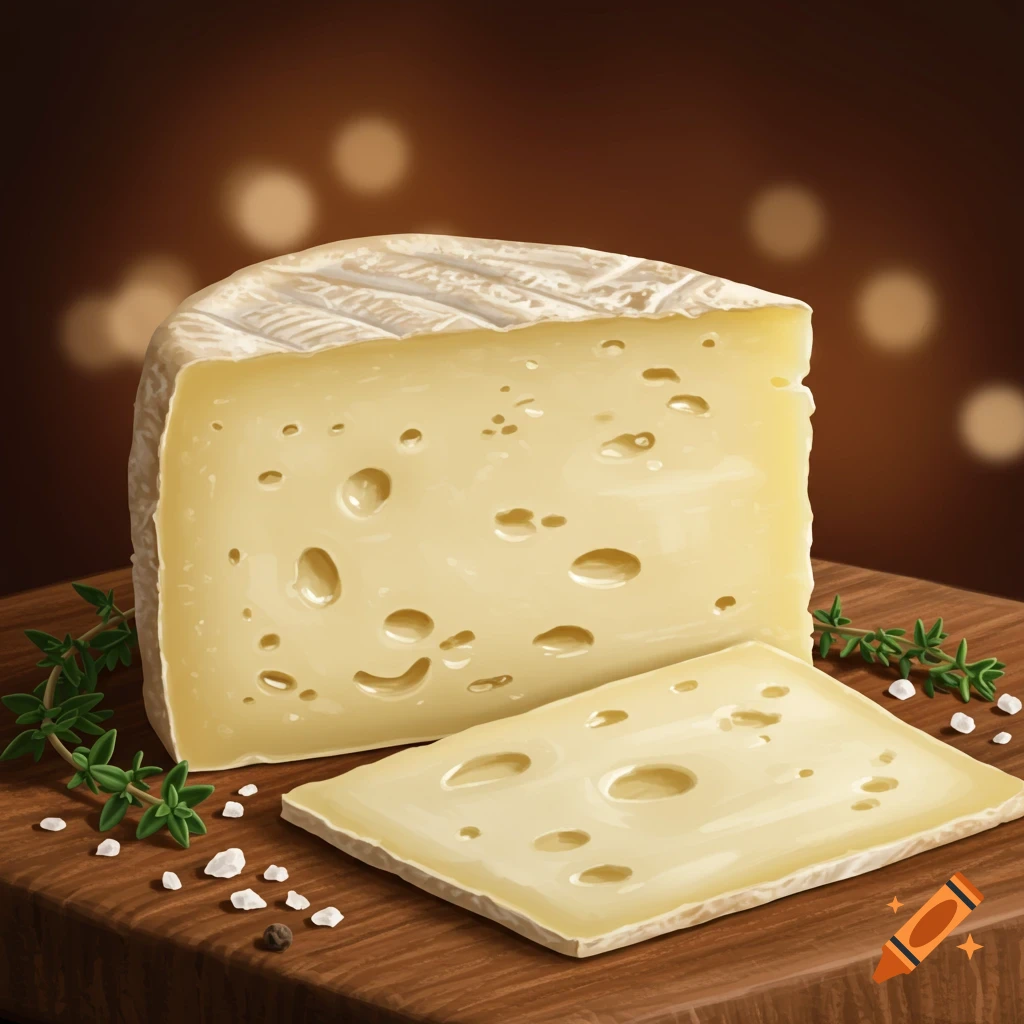 A detailed illustration of a wedge and slice of cheese on a wooden board with thyme and salt.